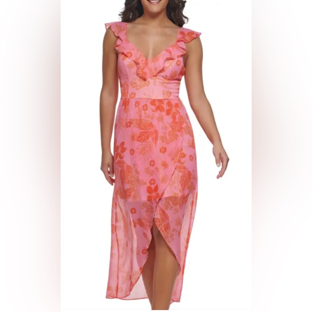 GUESS Pink Floral Ruffle Chiffon High-Low Dress